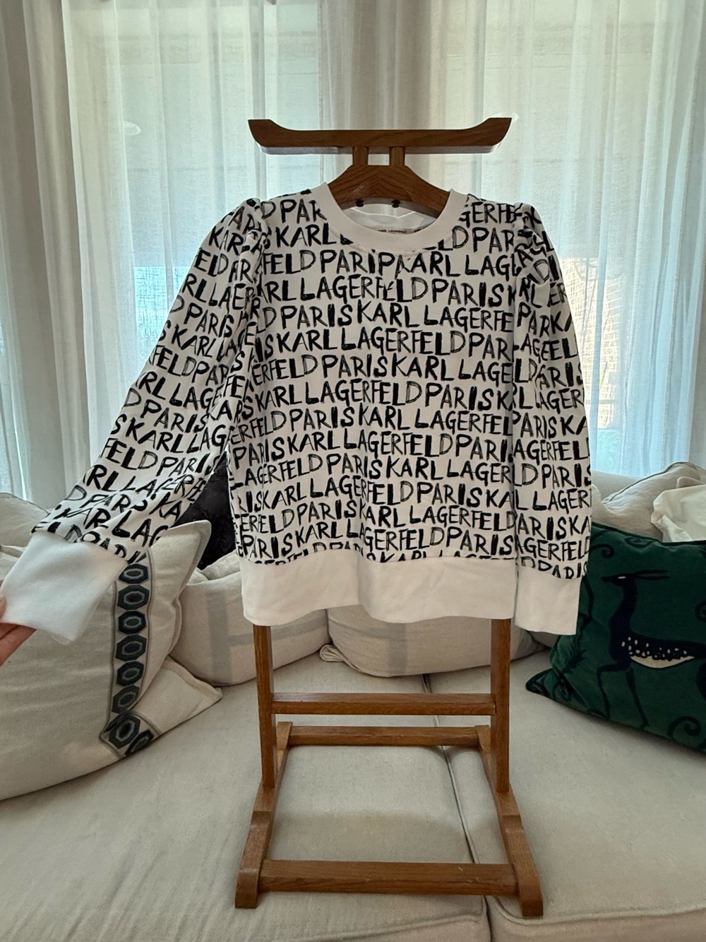 Karl Lagerfeld White Crewneck Sweatshirt with Black All-Over Logo